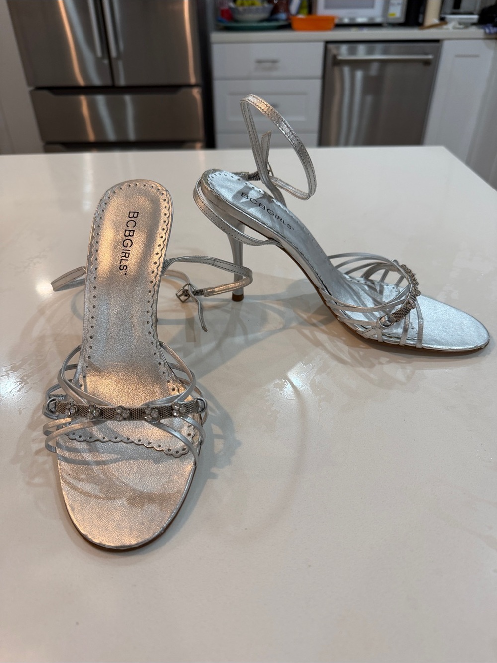 BCBGirls Silver Strappy Rhinestone Ankle-Heel Sandals💕 vintage